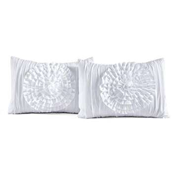 Lush Decor Serena Comforter Set, 3 Piece Set, Full/ Queen, White - Ruched Ruffled Flower Design - Romantic Ruffle Bedding Set - Vintage Glam & Farmhouse Bedroom Decor