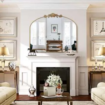 GA Home Gold Arched Mirror, 36"x29" Antique Bathroom Mirror with Wooden Frame, Vintage Ornate Baroque Decorative Mirror for Entryway, Fireplace, Living Room