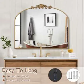 GA Home Gold Arched Mirror, 36"x29" Antique Bathroom Mirror with Wooden Frame, Vintage Ornate Baroque Decorative Mirror for Entryway, Fireplace, Living Room