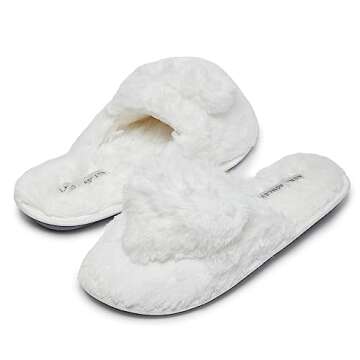 Laura Ashley Women's Slippers, Plush Faux Fur Memory Foam Scuff Slide Slippers, Heart Slip On Slippe...