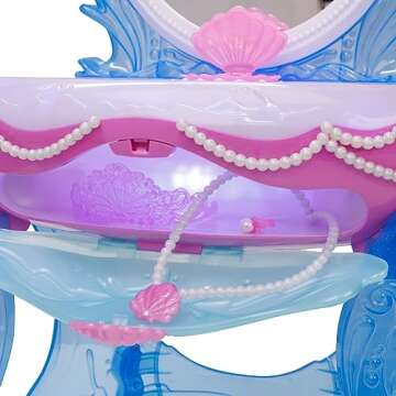 Disney Princess Ariel Vanity for Girls with Lights & Sounds, Plays "Under The Sea" - Magical Light Up Effect Looks Just Like Water! Pretend Play Girls Vanity Set with Mirror and Stool