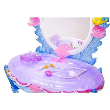 Disney Princess Ariel Vanity for Girls with Lights & Sounds, Plays "Under The Sea" - Magical Light Up Effect Looks Just Like Water! Pretend Play Girls Vanity Set with Mirror and Stool