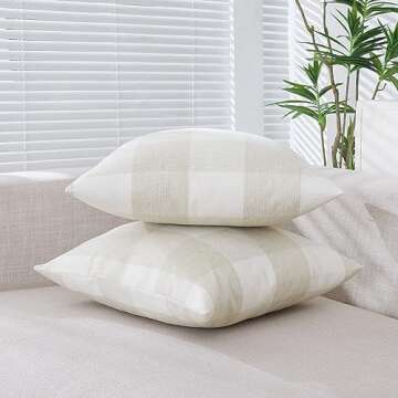 CARRIE HOME Beige Cream Buffalo Check Plaid Pillow Covers 18x18 Set of 2 Neutral Linen Throw Pillow ...