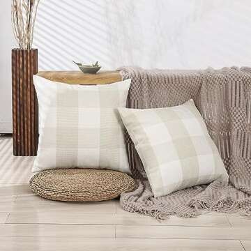 CARRIE HOME Beige Cream Buffalo Check Plaid Pillow Covers 18x18 Set of 2 Neutral Linen Throw Pillow Covers 18 x 18 Neutral Room Decor for Sofa and Couch