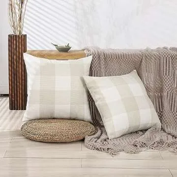 CARRIE HOME Beige Cream Buffalo Check Plaid Pillow Covers 18x18 Set of 2 Neutral Linen Throw Pillow Covers 18 x 18 Neutral Room Decor for Sofa and Couch