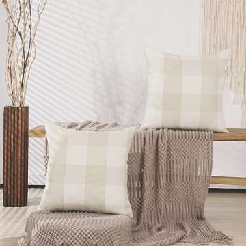 CARRIE HOME Beige Cream Buffalo Check Plaid Pillow Covers 18x18 Set of 2 Neutral Linen Throw Pillow Covers 18 x 18 Neutral Room Decor for Sofa and Couch