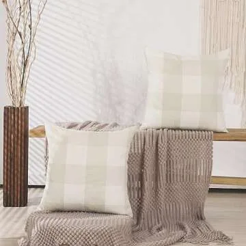 CARRIE HOME Beige Cream Buffalo Check Plaid Pillow Covers 18x18 Set of 2 Neutral Linen Throw Pillow Covers 18 x 18 Neutral Room Decor for Sofa and Couch