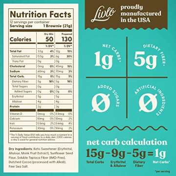 Livlo Keto Brownie Baking Mix - Just 1g Net Carb - Sugar & Gluten Free Keto Desserts, Sweets & Treats - Low Carb, Nut Free, Diabetic Friendly Snack - Fast, Delicious and Easy to Make - 12 servings