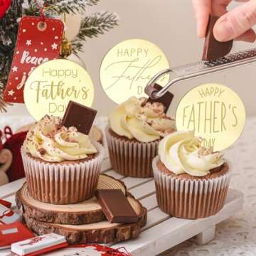 URROMA Father's Day Cupcake Toppers Mixed Set, 30pcs Gold Happy Father's Day Cake Topper Cake Party Art Fonts Decorations for Father's Day