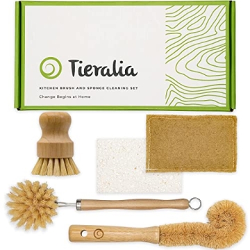 Tieralia 5-Piece Eco-Friendly Bamboo Dish Brush Set with Compostable Wood Pulp Sponges | Bamboo Dish...