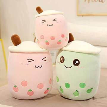 FJZFING Cute Plush Boba Milk Tea Stuffed Teacup Pillow Soft Bubble Tea Cup Plushie Toy Kawaii Cartoon Gift for Kids Home Decor Strawberry 9.4 Inch
