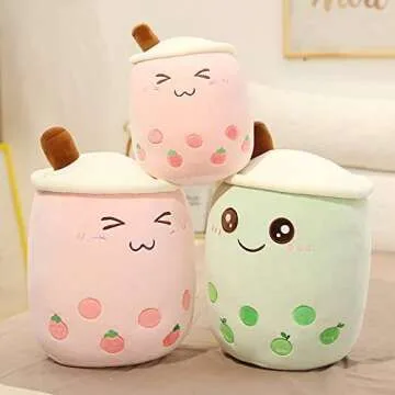 FJZFING Cute Plush Boba Milk Tea Stuffed Teacup Pillow Soft Bubble Tea Cup Plushie Toy Kawaii Cartoon Gift for Kids Home Decor Strawberry 9.4 Inch