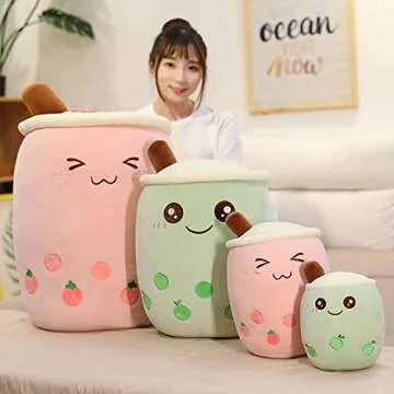 FJZFING Cute Plush Boba Milk Tea Stuffed Teacup Pillow Soft Bubble Tea Cup Plushie Toy Kawaii Cartoon Gift for Kids Home Decor Strawberry 9.4 Inch