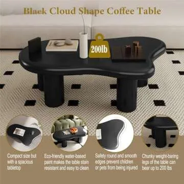 LKTART 39.37" Cloud Coffee Table for Living Room, Modern Cute Irregular Coffee Table, 4 Cylindrical Legs Black Coffee Table, Thickened Tabletop Round Corners Tea Table Office Lounge Apartment