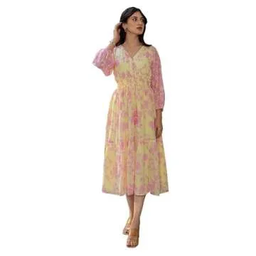 Janasya Women's Light Yellow Flowy Flared Floral Print Casual wear Trendy Dress for Women