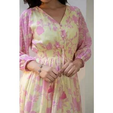 Janasya Women's Light Yellow Flowy Flared Floral Print Casual wear Trendy Dress for Women