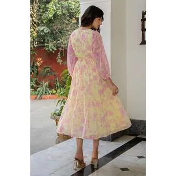 Janasya Women's Light Yellow Flowy Flared Floral Print Casual wear Trendy Dress for Women