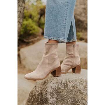 Minshluu Womens Chunky Heel Ankle Booties Side Zipper Suede Leather Stretch Stacked Block Heeled Fas...