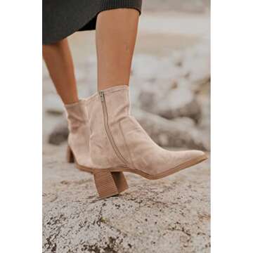 Minshluu Womens Chunky Heel Ankle Booties Side Zipper Suede Leather Stretch Stacked Block Heeled Fashion Boots