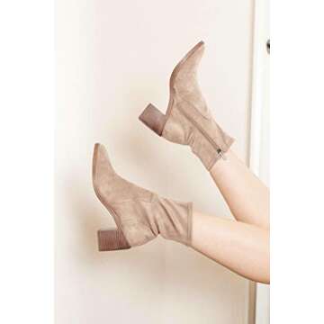 Minshluu Womens Chunky Heel Ankle Booties Side Zipper Suede Leather Stretch Stacked Block Heeled Fashion Boots