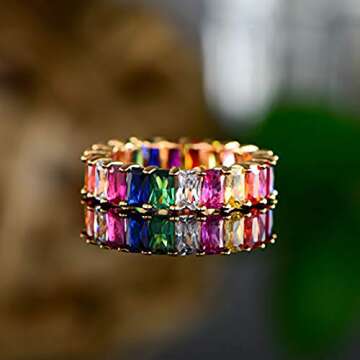 18K Yellow Gold Plated Emerald-Cut Multi Color AAA Created-Gemstone Eternity Ring Rainbow