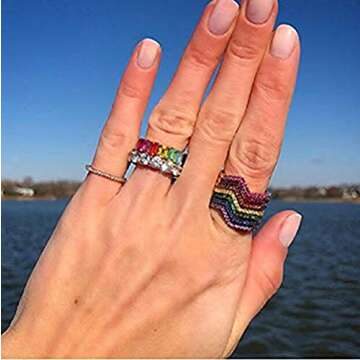 18K Yellow Gold Plated Emerald-Cut Multi Color AAA Created-Gemstone Eternity Ring Rainbow