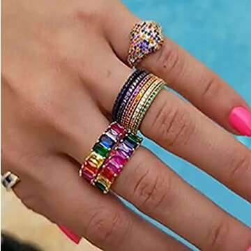 18K Yellow Gold Plated Emerald-Cut Multi Color AAA Created-Gemstone Eternity Ring Rainbow