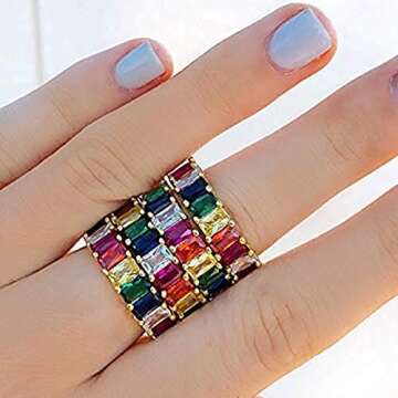 18K Yellow Gold Plated Emerald-Cut Multi Color AAA Created-Gemstone Eternity Ring Rainbow