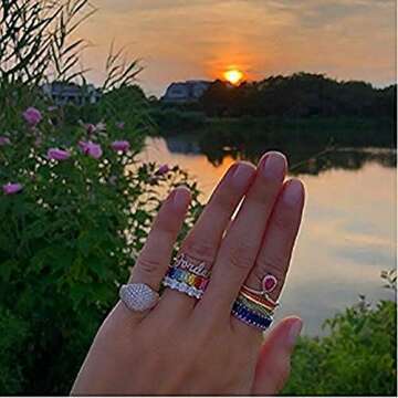 18K Yellow Gold Plated Emerald-Cut Multi Color AAA Created-Gemstone Eternity Ring Rainbow