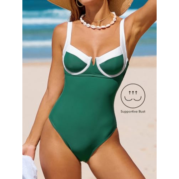 CUPSHE Women's One Piece Swimsuit U Wire Neck Color Block Back Cutout Bathing Suit Underwire Wide Adjustable Straps, M