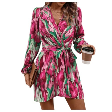 MakeMeChic Women's Allover Print Long Bishop Sleeve V Neck Wrap Dress with Belt in Pink