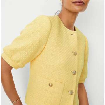 Puff Short Sleeve Tweed Jacket Women Cropped Jackets Summer Open Front Office Work Blazer Coat Yellow
