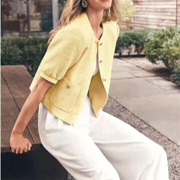 Puff Short Sleeve Tweed Jacket Women Cropped Jackets Summer Open Front Office Work Blazer Coat Yellow