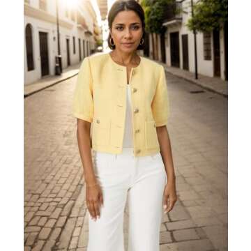 Puff Short Sleeve Tweed Jacket Women Cropped Jackets Summer Open Front Office Work Blazer Coat Yellow