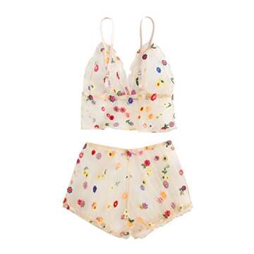 Verdusa Women's Floral Sheer Mesh Lingerie Set Embroidered Bralette Top Shorts Apricot S