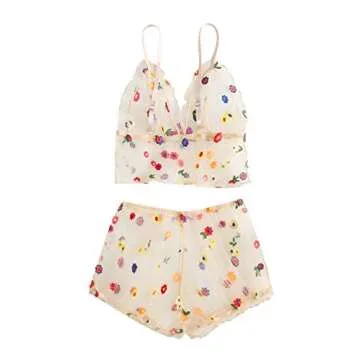 Verdusa Women's Floral Sheer Mesh Lingerie Set Embroidered Bralette Top Shorts Apricot S