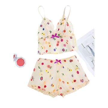 Verdusa Women's Floral Sheer Mesh Lingerie Set Embroidered Bralette Top Shorts Apricot S