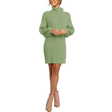 Prinbara Women Turtleneck Long Lantern Sleeve Casual Loose Oversized Sweater Dress Soft Winter Pullover Dresses