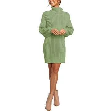Prinbara Women Turtleneck Long Lantern Sleeve Casual Loose Oversized Sweater Dress Soft Winter Pullover Dresses