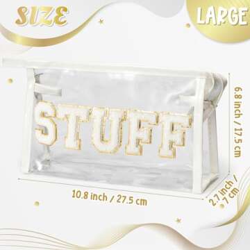 Y1tvei STUFF Clear Makeup Bag - Preppy Patch White Chenille Varsity Letter Transparent PVC Large Cos...