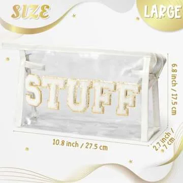Y1tvei STUFF Clear Makeup Bag - Preppy Patch White Chenille Varsity Letter Transparent PVC Large Cos...