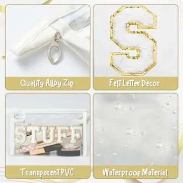 Y1tvei STUFF Clear Makeup Bag - Preppy Patch White Chenille Varsity Letter Transparent PVC Large Cosmetic Pouch Portable Waterproof Travel Organizer Toiletry Compliant Carry On Bag for Women(White)
