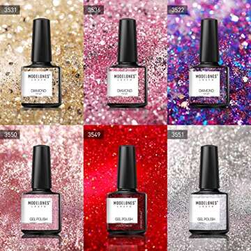 Glitter Gel Nail Polish, Modelones Red Diamond Series Sparkly Shiny Nail Gel Set Pink Gold Purple Silver Varnish Manicure Kit Soak Off LED Gel Polish for Beginners Nail Art 6Pcs 10ml