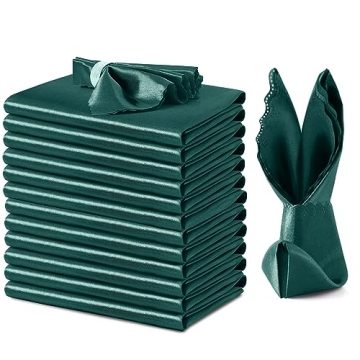 VACVELT 12 Pack Hunter Green Satin Napkins 17x17 Inch Wedding Napkins, Scalloped Elegant Dinner Napk...