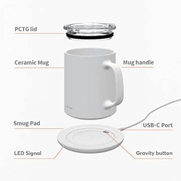 hurkins Smug, up to 149℉ Coffee Mug Warmer & Mug & pctg Lid Set, self Heated Cup with Wireless Charging Function, Office/Home for Desk. (Classic White)