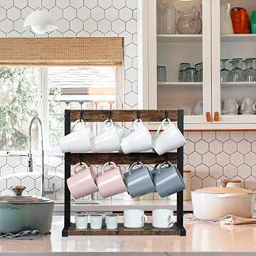 OROPY Wooden Coffee Mug Holder Stand for Kitchen Counter, Rustic Mug Rack for 16 Coffee Cups with Stable Wood Base, Vintage Dark Brown