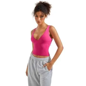 SUUKSESS Women Sexy V Neck V Back Sleeveless Tank Top Summer Going Out Basic Top Scoop Neck Double Lined Y2K Crop Top (Hot Pink,M)
