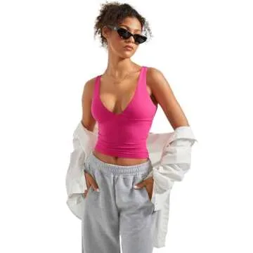 SUUKSESS Women Sexy V Neck V Back Sleeveless Tank Top Summer Going Out Basic Top Scoop Neck Double Lined Y2K Crop Top (Hot Pink,M)