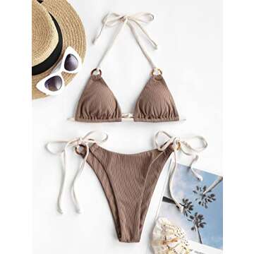ZAFUL Women's Ribbed O Ring Contrast Strap String Bikini Swimwear