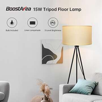 BoostArea Floor Lamp for Living Room, Stylish Tripod Design with 15W LED Bulb and Dimmable Brightnes...